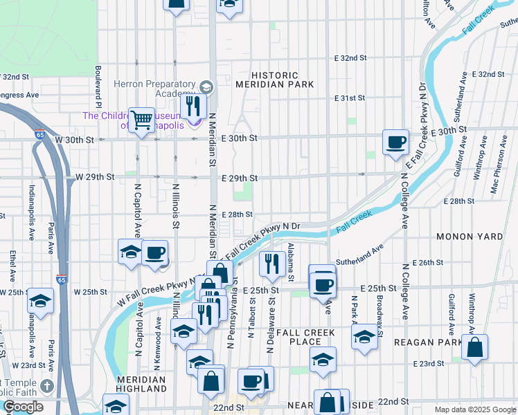 map of restaurants, bars, coffee shops, grocery stores, and more near 2801 North Talbott Street in Indianapolis