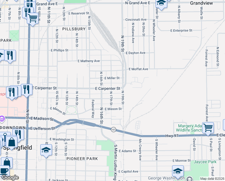 map of restaurants, bars, coffee shops, grocery stores, and more near 1700-1798 E Carpenter St in Springfield