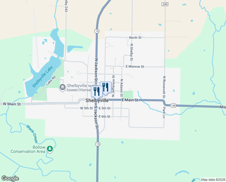 map of restaurants, bars, coffee shops, grocery stores, and more near 299 E 3rd St in Shelbyville