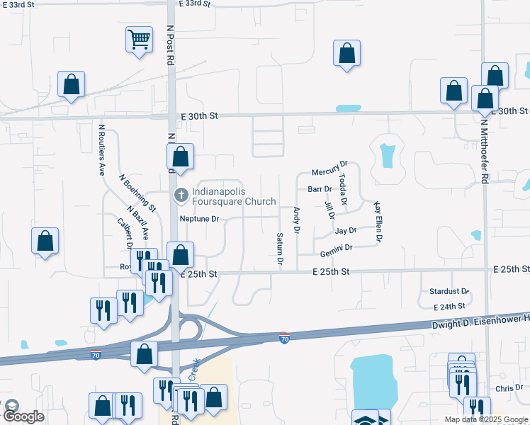 map of restaurants, bars, coffee shops, grocery stores, and more near 9236 Neptune Drive in Indianapolis