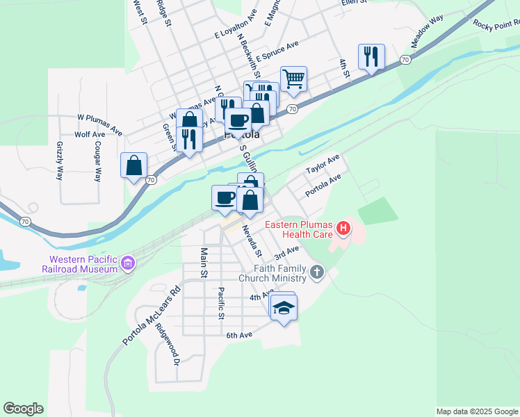 map of restaurants, bars, coffee shops, grocery stores, and more near 72 Commercial St in Portola
