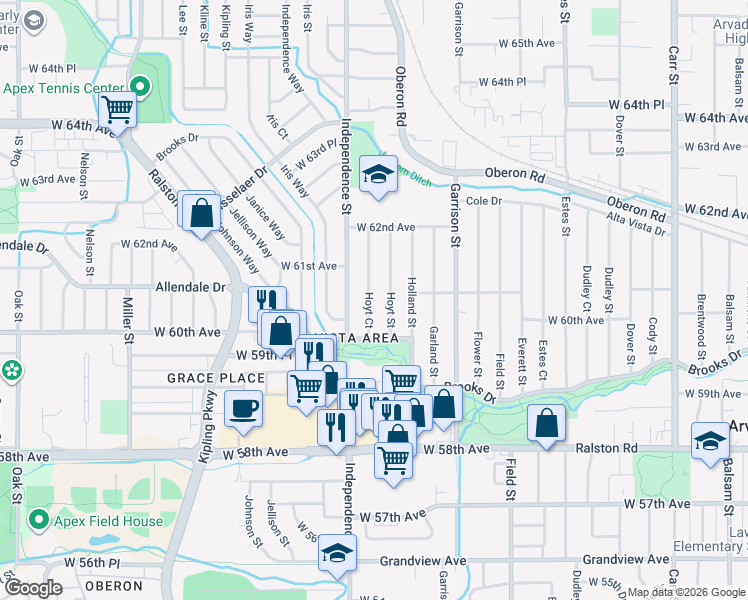 map of restaurants, bars, coffee shops, grocery stores, and more near 6091 Hoyt Street in Arvada