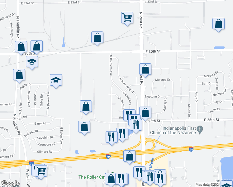 map of restaurants, bars, coffee shops, grocery stores, and more near 2707 Calbert Drive in Indianapolis