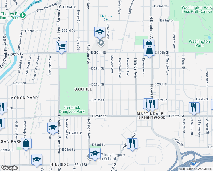 map of restaurants, bars, coffee shops, grocery stores, and more near 2759 Sangster Avenue in Indianapolis