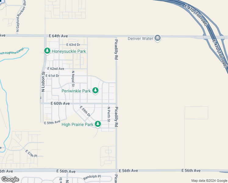 map of restaurants, bars, coffee shops, grocery stores, and more near 6068 North Perth Street in Aurora