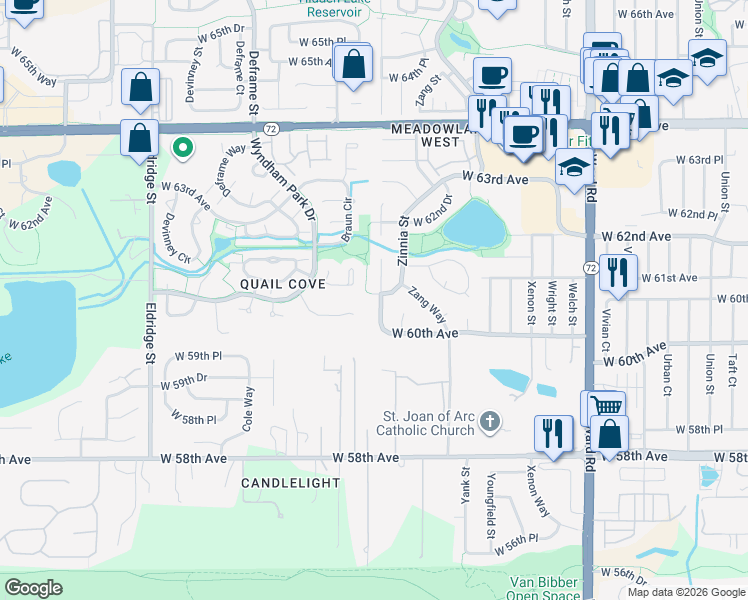 map of restaurants, bars, coffee shops, grocery stores, and more near 6053 Alkire Court in Arvada