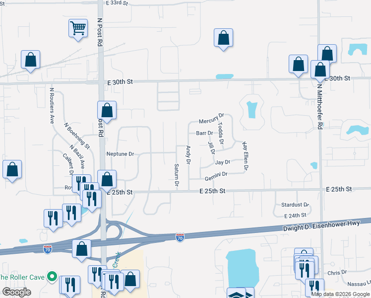 map of restaurants, bars, coffee shops, grocery stores, and more near 9327 Neptune Drive in Indianapolis