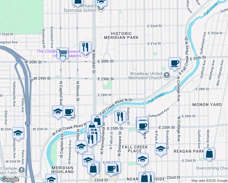 map of restaurants, bars, coffee shops, grocery stores, and more near 2801 North Talbott Street in Indianapolis