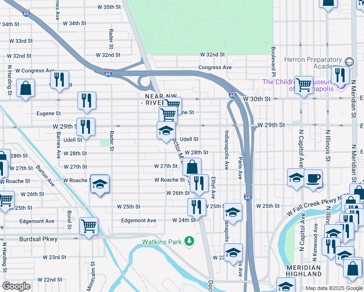 map of restaurants, bars, coffee shops, grocery stores, and more near 2809 Doctor Martin Luther King Junior Street in Indianapolis