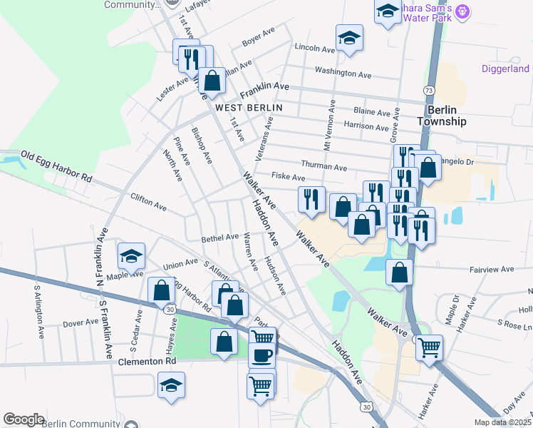 map of restaurants, bars, coffee shops, grocery stores, and more near 126 Haddon Avenue in West Berlin