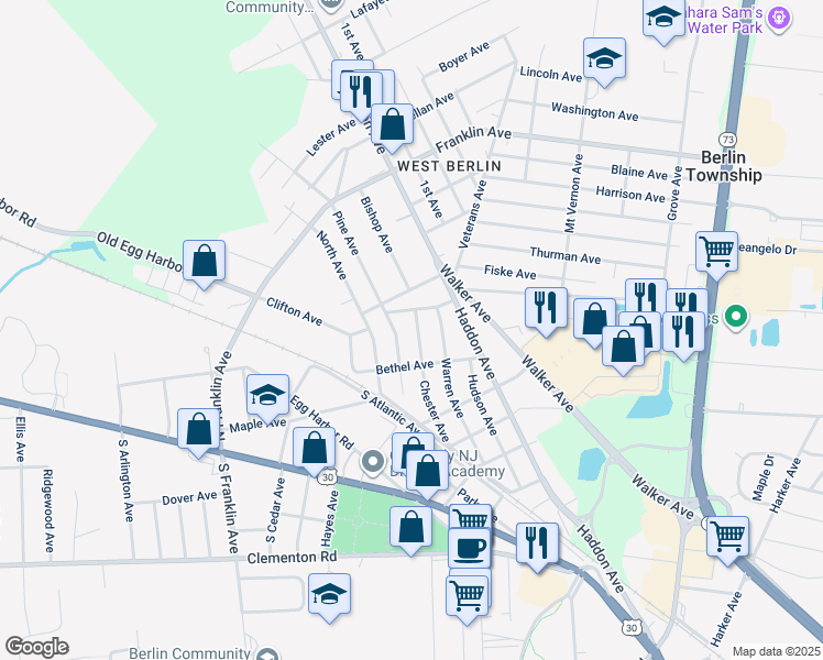 map of restaurants, bars, coffee shops, grocery stores, and more near 137 Chester Avenue in Berlin Township