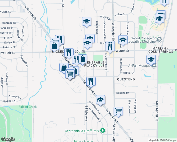 map of restaurants, bars, coffee shops, grocery stores, and more near 2835 N Tibbs Ave in Indianapolis