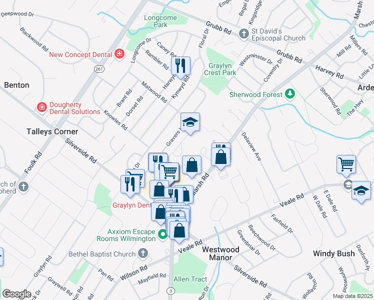 map of restaurants, bars, coffee shops, grocery stores, and more near 1900 Westminster Drive in Wilmington