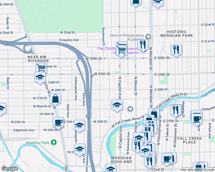 map of restaurants, bars, coffee shops, grocery stores, and more near 2814 Boulevard Place in Indianapolis
