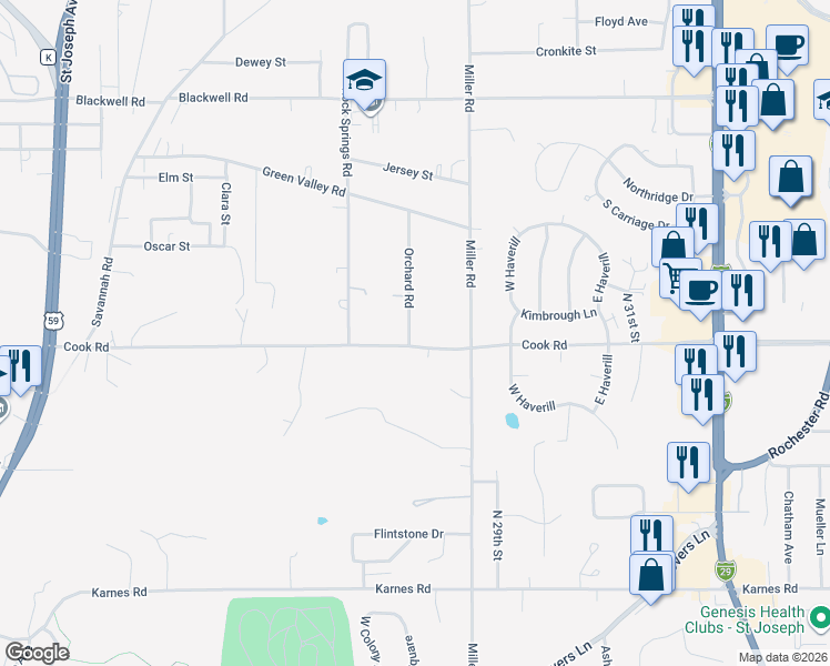 map of restaurants, bars, coffee shops, grocery stores, and more near 4405 Orchard Road in Saint Joseph