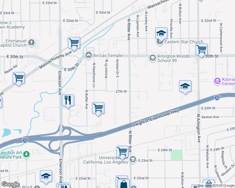 map of restaurants, bars, coffee shops, grocery stores, and more near 2651 Kristen Drive in Indianapolis