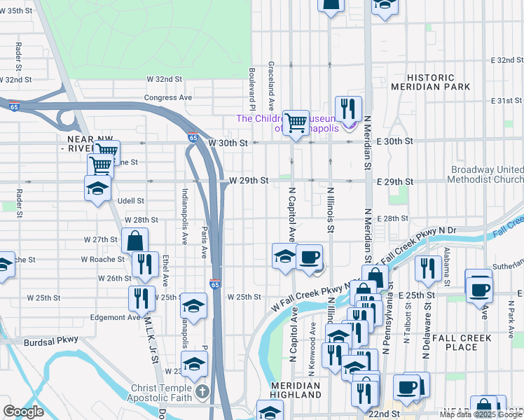 map of restaurants, bars, coffee shops, grocery stores, and more near 2814 Boulevard Place in Indianapolis