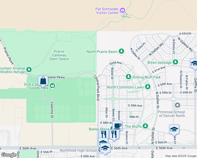 map of restaurants, bars, coffee shops, grocery stores, and more near 8900 East 61st Avenue in Denver