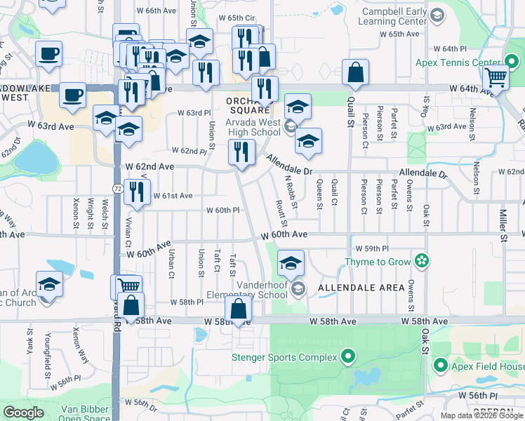 map of restaurants, bars, coffee shops, grocery stores, and more near 6057 Routt Court in Arvada