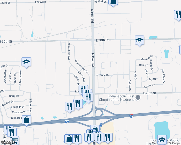 map of restaurants, bars, coffee shops, grocery stores, and more near 2645 North Boehning Street in Indianapolis