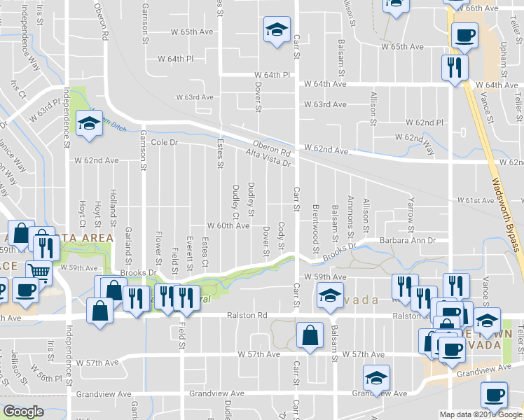 map of restaurants, bars, coffee shops, grocery stores, and more near 6075 Dover St in Arvada