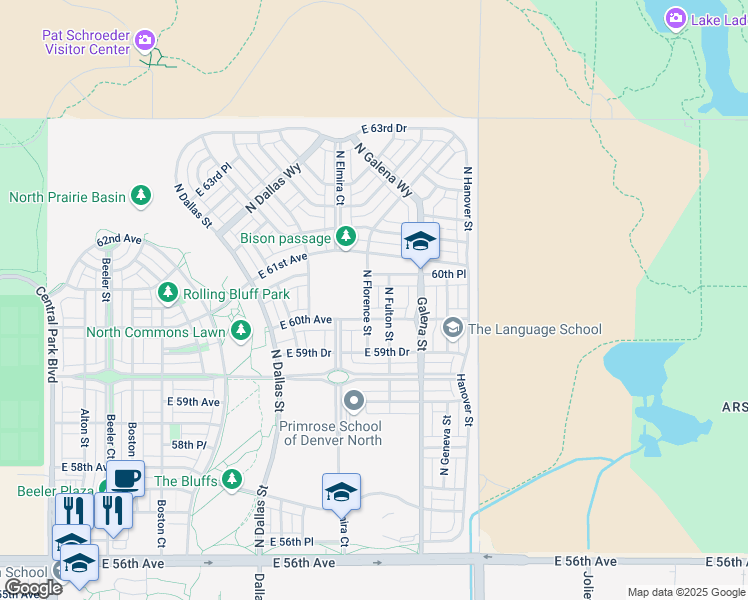 map of restaurants, bars, coffee shops, grocery stores, and more near 6028 North Florence Street in Denver
