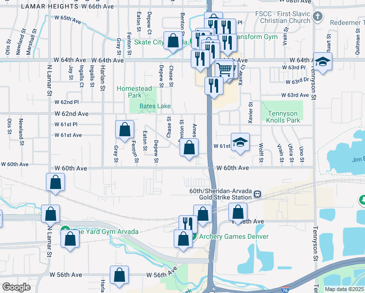 map of restaurants, bars, coffee shops, grocery stores, and more near 6050 Benton Street in Arvada