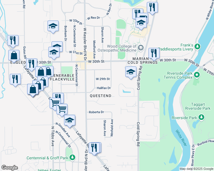 map of restaurants, bars, coffee shops, grocery stores, and more near 2820 Halifax Drive in Indianapolis
