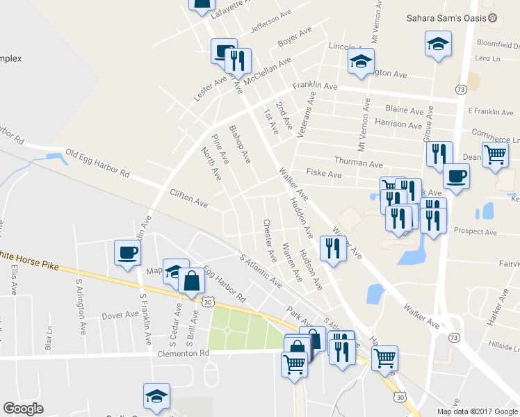 map of restaurants, bars, coffee shops, grocery stores, and more near 137 Chester Avenue in Berlin Township