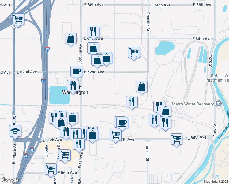 map of restaurants, bars, coffee shops, grocery stores, and more near 6049 Downing Street in Denver