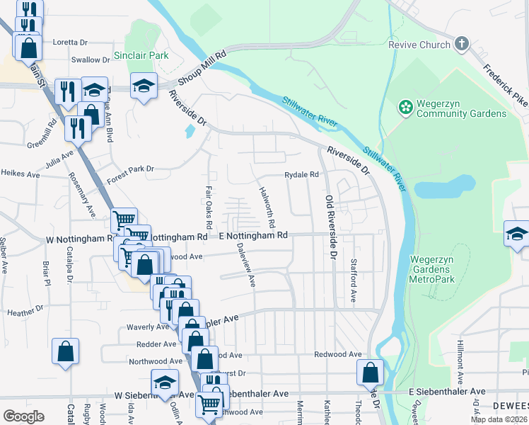 map of restaurants, bars, coffee shops, grocery stores, and more near 4077 Halworth Rd in Dayton