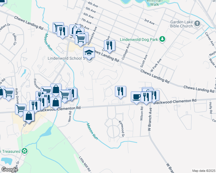 map of restaurants, bars, coffee shops, grocery stores, and more near 52 Georgetown Road in Lindenwold