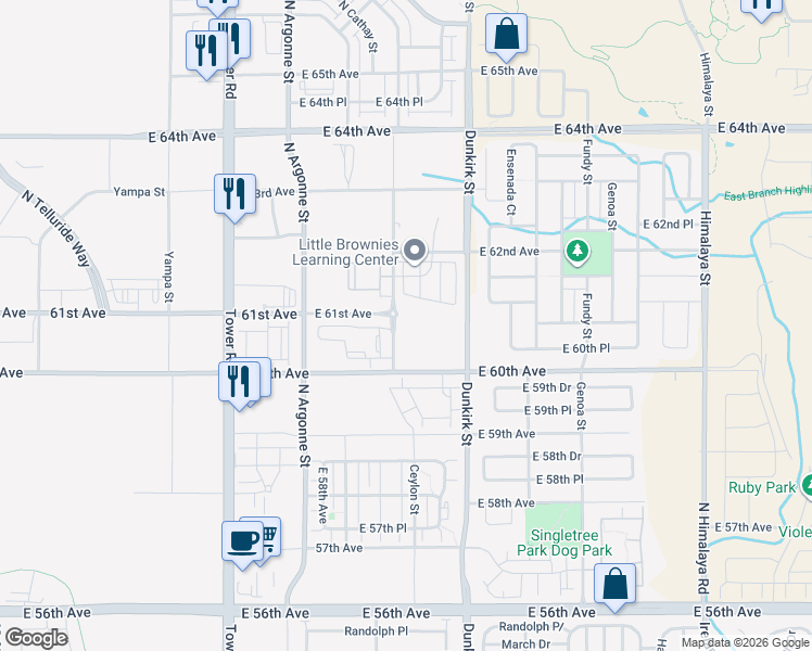 map of restaurants, bars, coffee shops, grocery stores, and more near Dunkirk St in Aurora