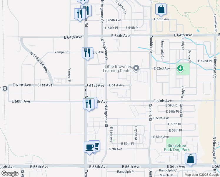 map of restaurants, bars, coffee shops, grocery stores, and more near 5810 Argonne St in Denver