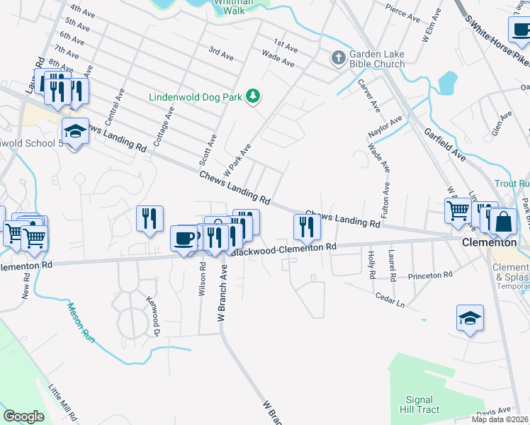 map of restaurants, bars, coffee shops, grocery stores, and more near 1801 Broadacres Drive in Clementon
