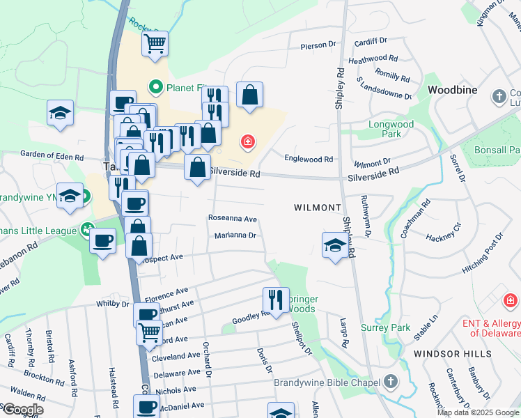 map of restaurants, bars, coffee shops, grocery stores, and more near 418 Brandywine Boulevard in Edgemoor