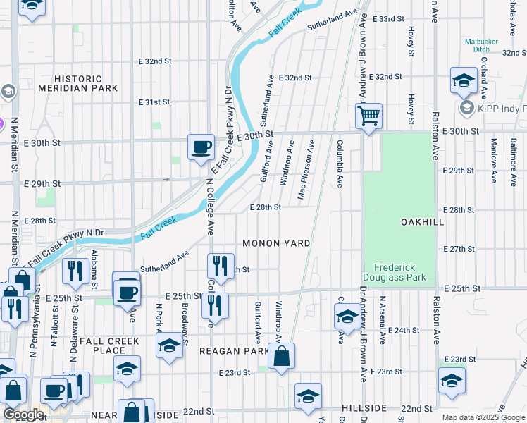 map of restaurants, bars, coffee shops, grocery stores, and more near 2752 Guilford Avenue in Indianapolis