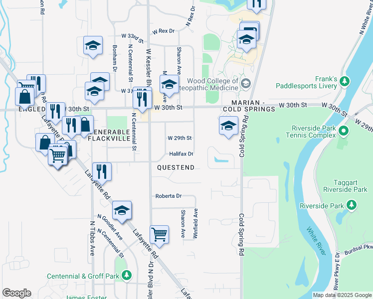 map of restaurants, bars, coffee shops, grocery stores, and more near 2820 Halifax Drive in Indianapolis