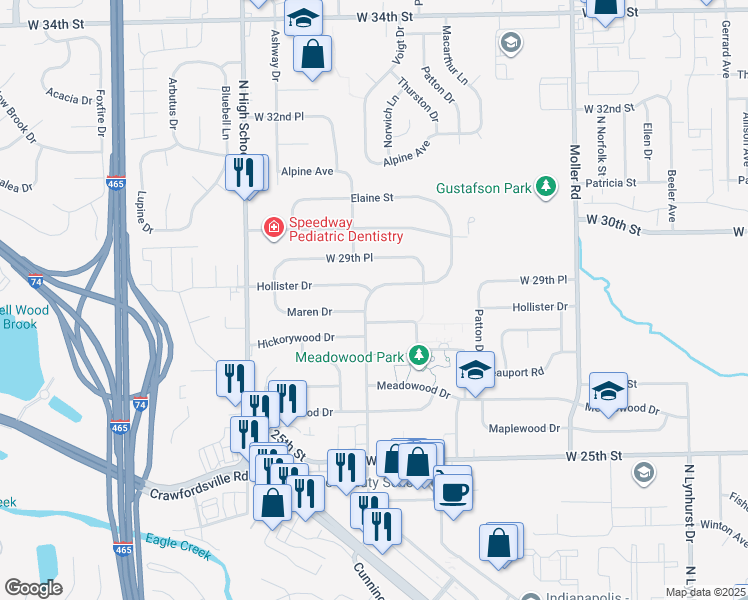 map of restaurants, bars, coffee shops, grocery stores, and more near 2836 Parkwood Drive in Speedway