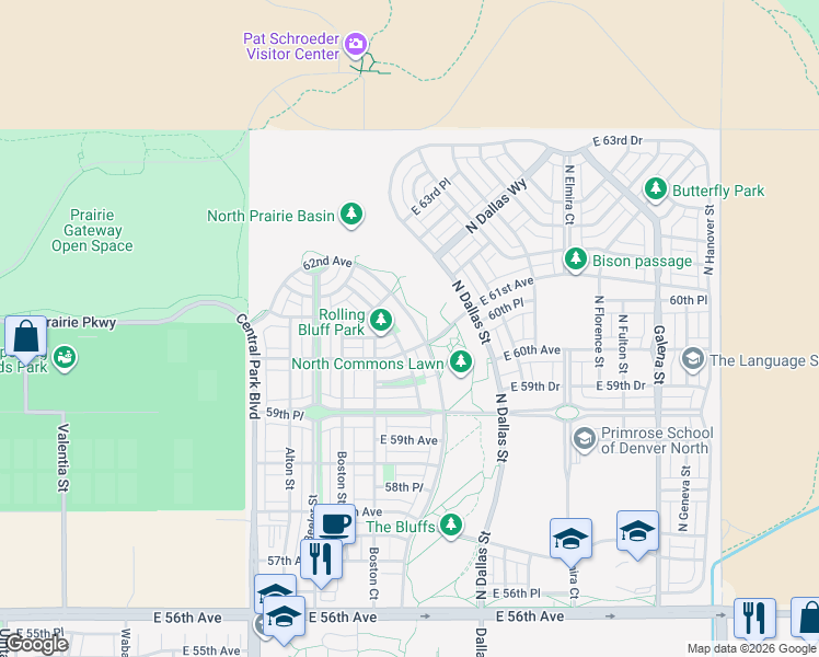 map of restaurants, bars, coffee shops, grocery stores, and more near 6043 Chester Way in Denver