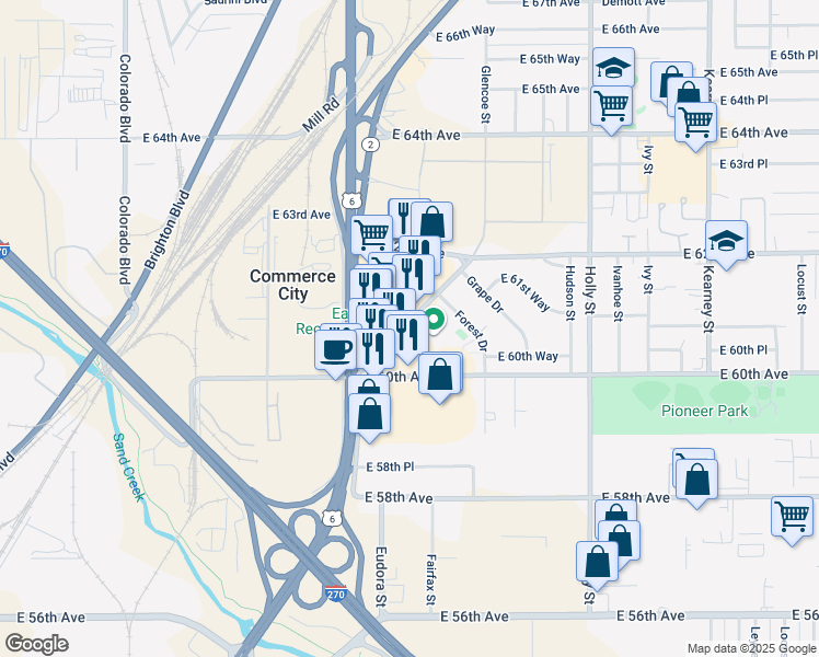 map of restaurants, bars, coffee shops, grocery stores, and more near 6060 Parkway Drive in Commerce City