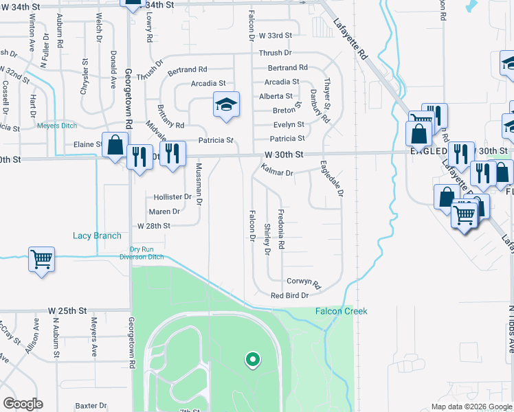 map of restaurants, bars, coffee shops, grocery stores, and more near 2819 Falcon Drive in Indianapolis