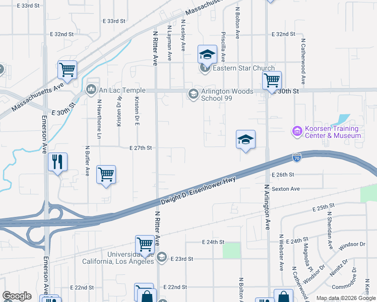 map of restaurants, bars, coffee shops, grocery stores, and more near 2600 North Lesley Avenue in Indianapolis