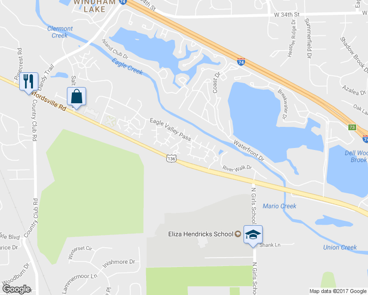 map of restaurants, bars, coffee shops, grocery stores, and more near 2836 Saddle Barn W Dr in Indianapolis