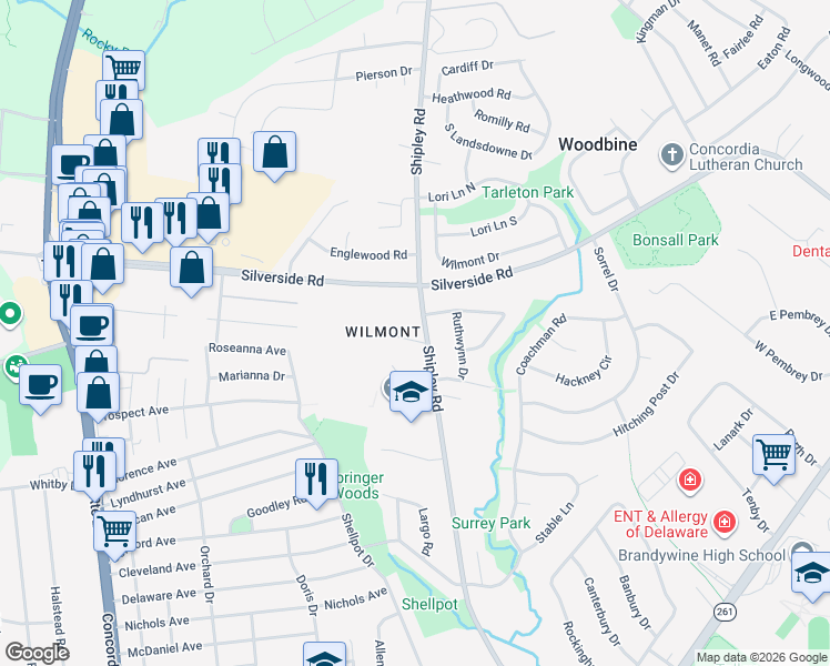 map of restaurants, bars, coffee shops, grocery stores, and more near 2 Francis Lane in Wilmington