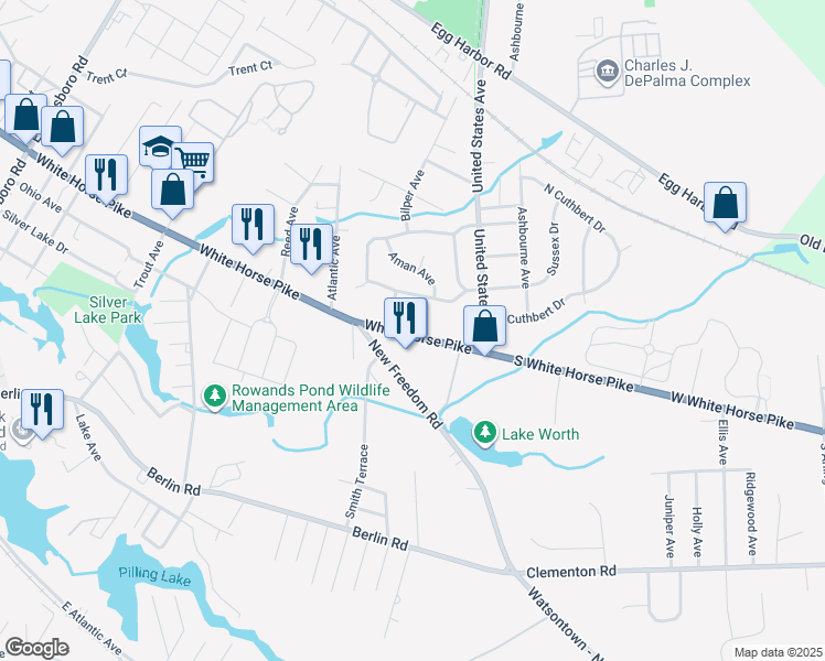 map of restaurants, bars, coffee shops, grocery stores, and more near 2115 U.S. 30 in Lindenwold
