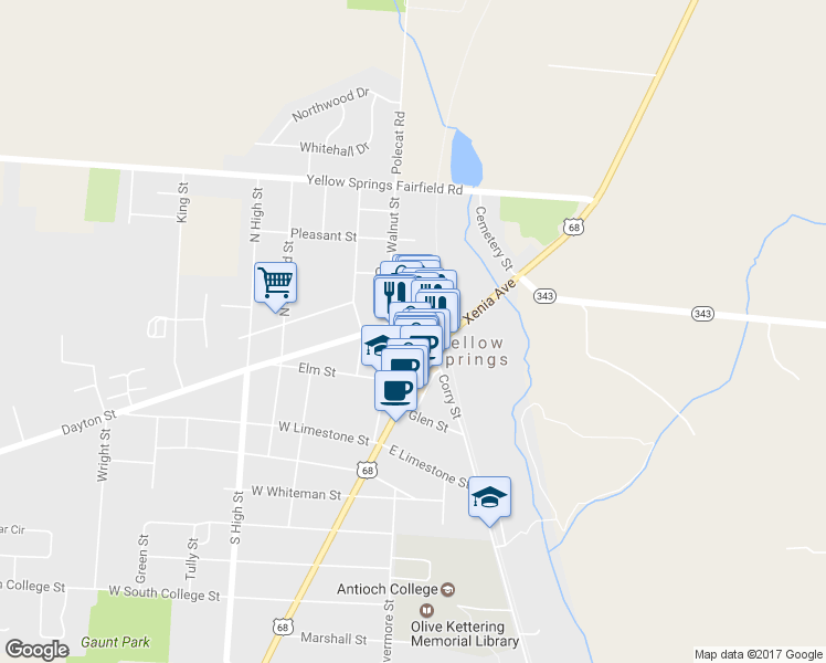 map of restaurants, bars, coffee shops, grocery stores, and more near 129 Dayton Street in Yellow Springs