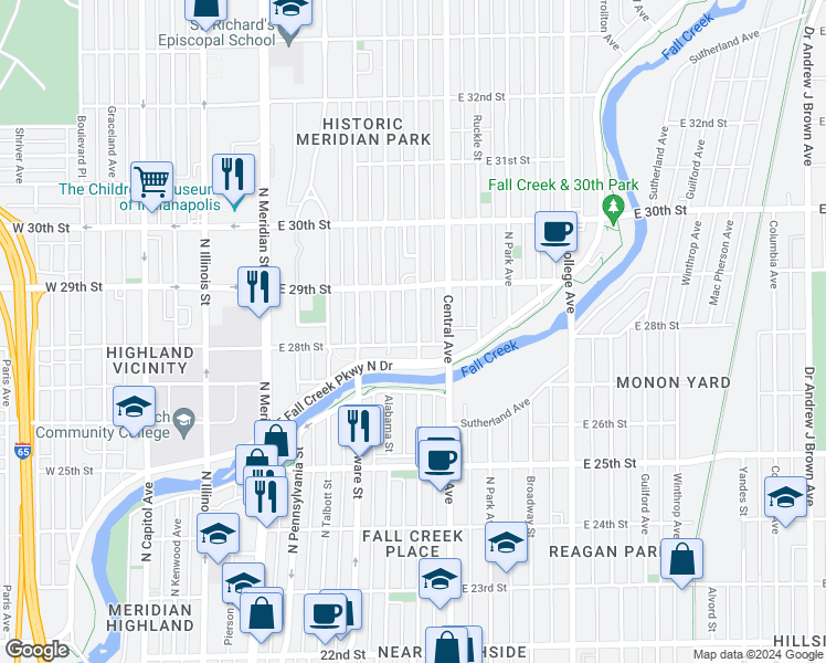 map of restaurants, bars, coffee shops, grocery stores, and more near 2812 North New Jersey Street in Indianapolis