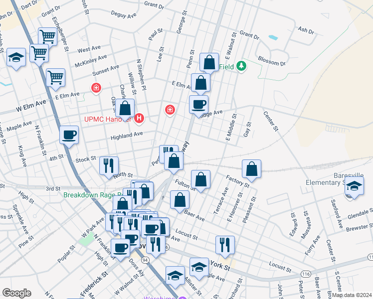 map of restaurants, bars, coffee shops, grocery stores, and more near 529 Broadway in Hanover
