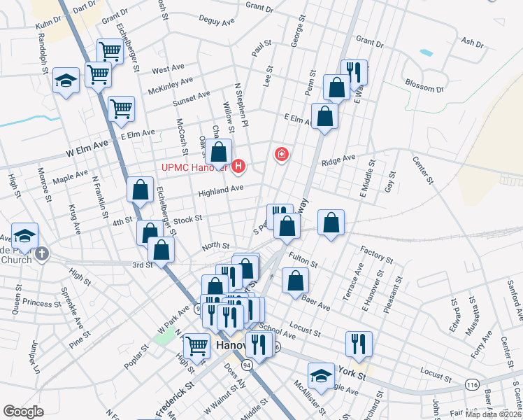 map of restaurants, bars, coffee shops, grocery stores, and more near 405 Stock Street in Hanover